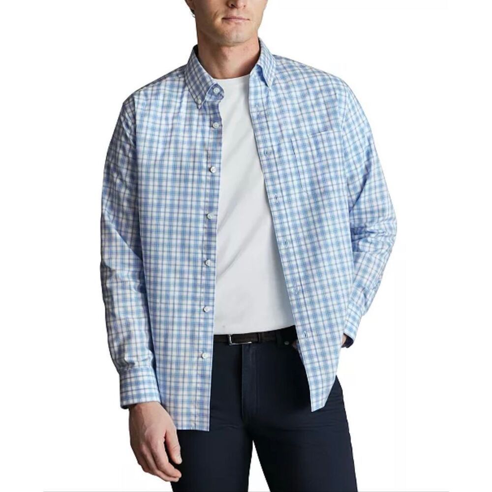 Charles Tyrwhitt Check Stretch Poplin Slim Fit Long Sleeve Tattersall Button-Dow